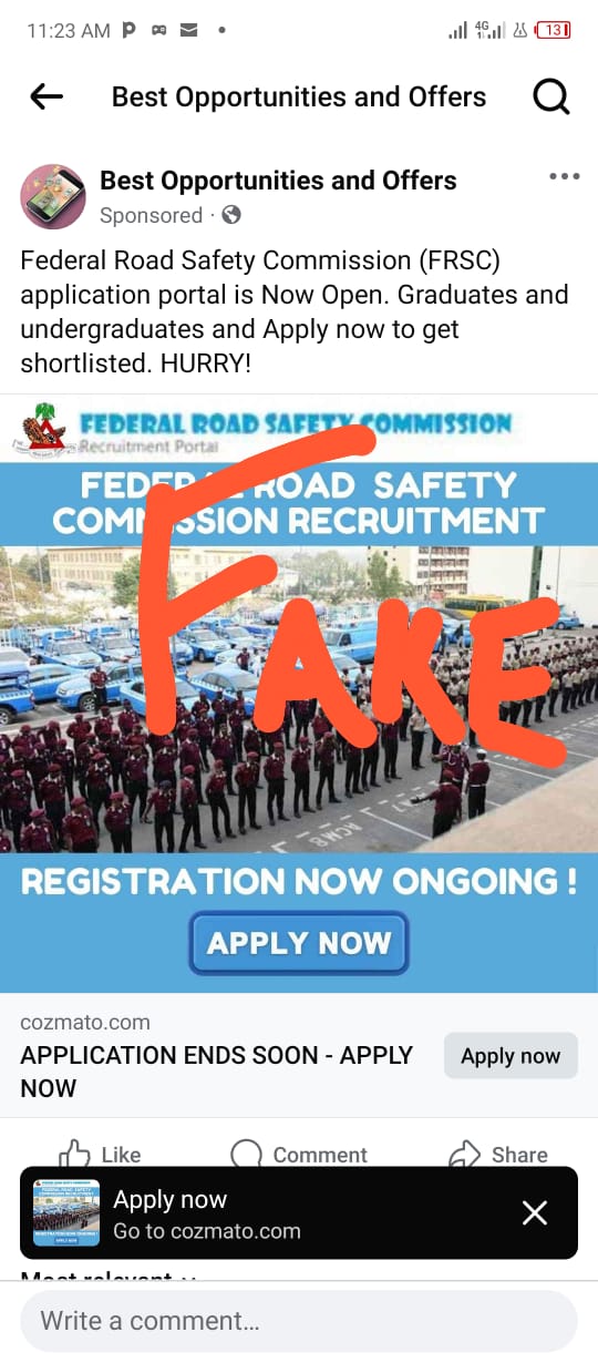 Be warned: FRSC is not recruiting, disregard viral fake publications on ongoing recruitment exercise